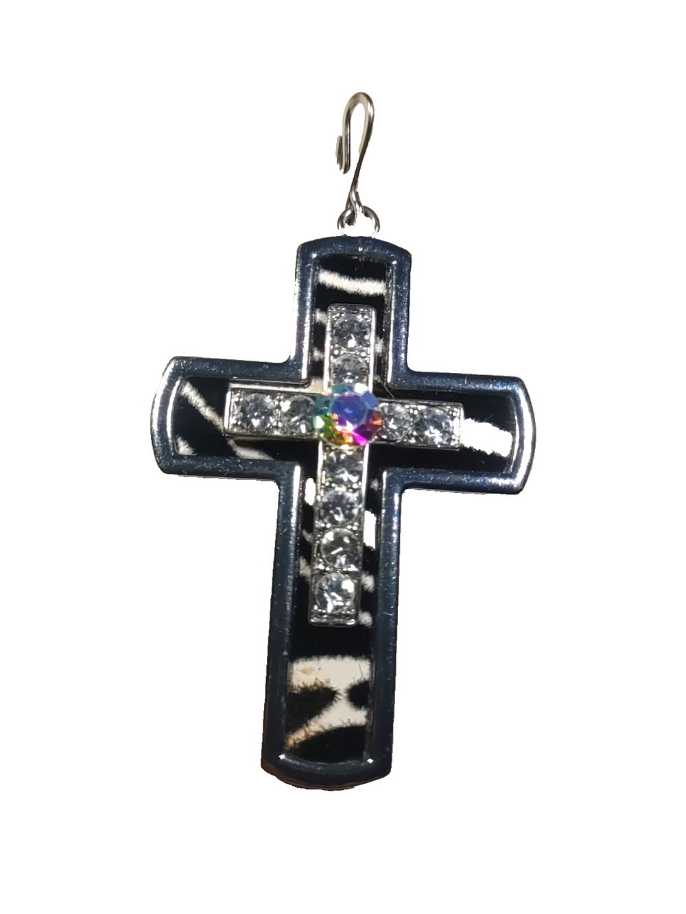 Zebra Print Cross Silver Tone Rhinestone Pendant Hook